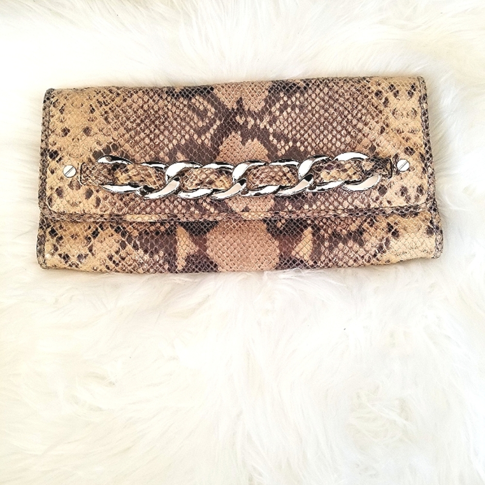 Michael Kors Collette Genuine Leather Clutch, Dark Sand snakeskin NWOT $228
